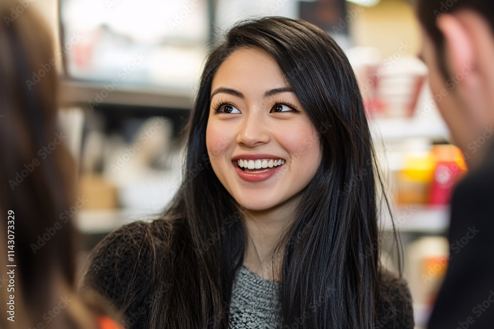 Portrait of a female office gossiping, with long black hair, discussing something funny with a colleague, in a retail environment 1 Portrait of a female office gossiping, with long black hair, discussing something funny with a colleague, in a retail environment 1
