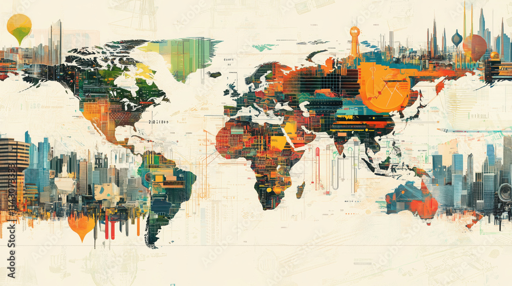 Naklejka premium Collage of World Maps Detailing GDP Contributions of Economic Sectors: Agriculture, Manufacturing, and Services with Vibrant Infographics and Futuristic Visuals for Corporate Presentations or Research
