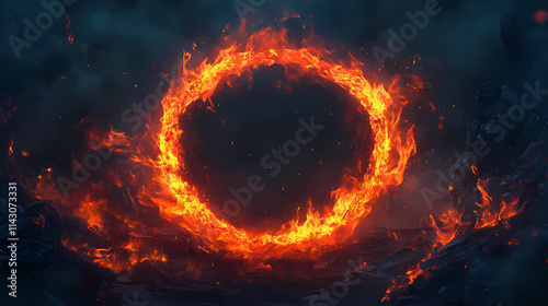 Fiery circle of flames with glowing embers and dark background. Brimstone. Illustration