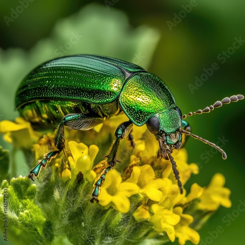 Shimmering Green Beetle: A Macro Shot of a Wild Insect in Its Natural Habitat