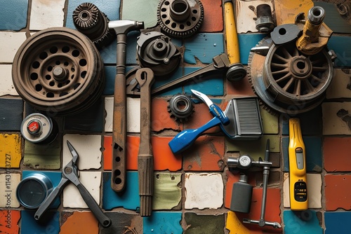 Vintage Tile Tabletop Decorated with Eclectic Automotive Tools and Parts on a Colorful Background photo