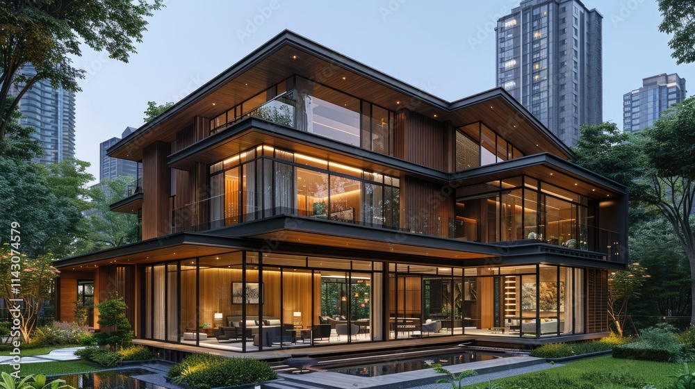 Modern architectural design featuring a spacious, glass-fronted house amidst urban greenery. Modern architectural design featuring a spacious, glass-fronted house amidst urban greenery.