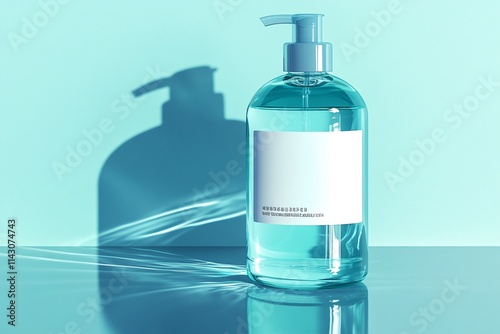 Beauty background with facial cosmetic products, shopping bag and twigs with cherry blossom on pastel blue desktop background. Spring skin care trends, top view, frame, flat lay. Branding mock up