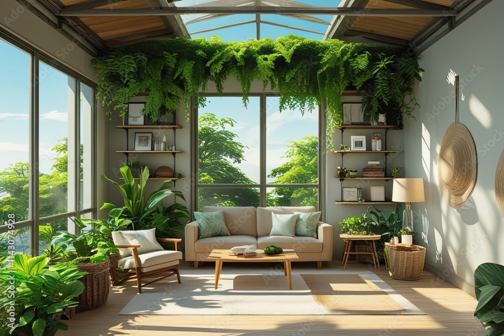 Tranquil Airy Loft with Vibrant Greenery and Shadow Overlay for Branding and Product Portrayal Tranquil Airy Loft with Vibrant Greenery and Shadow Overlay for Branding and Product Portrayal