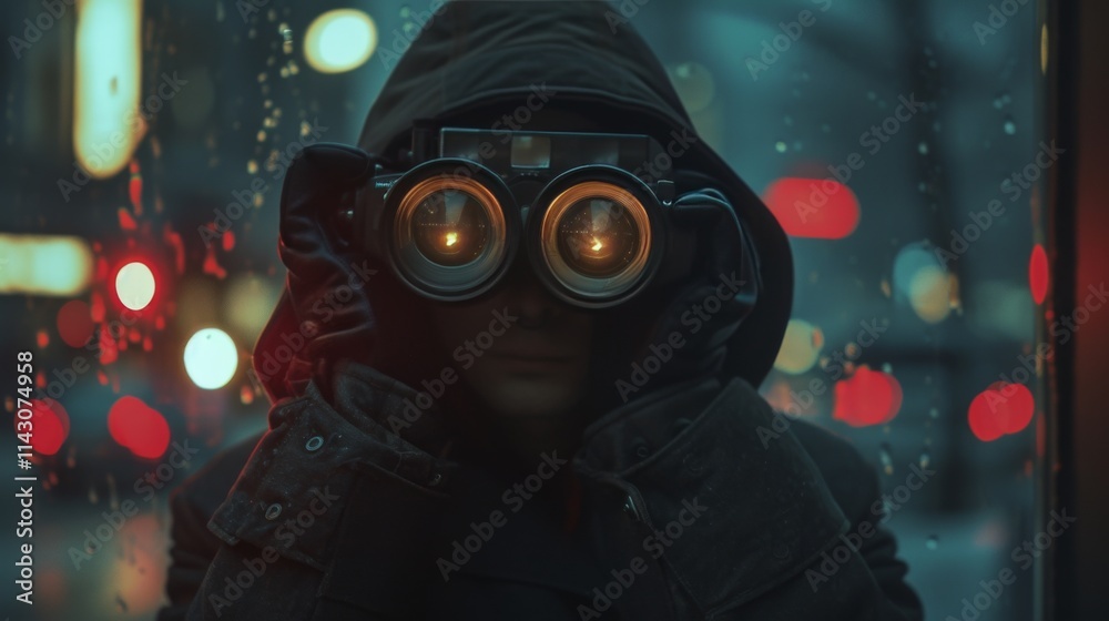 A hooded figure peers through binoculars in a moody, rain-soaked urban setting, illuminated by city lights. Evoking intrigue and suspense. AI generated.