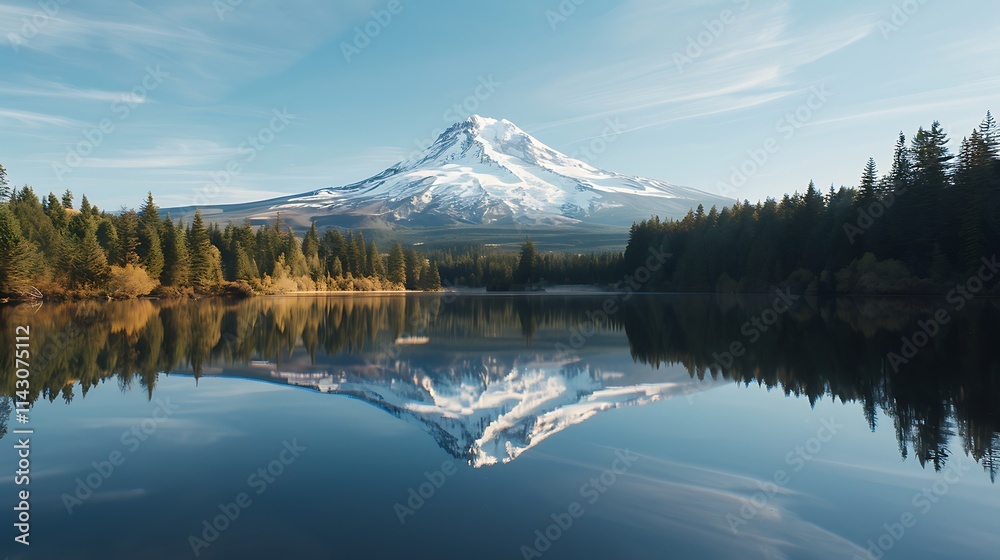 A snow-capped mountain reflected perfectly in a still lake A snow-capped mountain reflected perfectly in a still lake