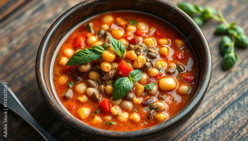 Colorful vegetable, bean soup served in rustic bowl. Fresh basil garnish atop hot soup. Soup hearty, looks delicious. Nutritious, flavorful meal. Dish combines various vegetables, beans in flavorful Colorful vegetable, bean soup served in rustic bowl. Fresh basil garnish atop hot soup. Soup hearty, looks delicious. Nutritious, flavorful meal. Dish combines various vegetables, beans in flavorful