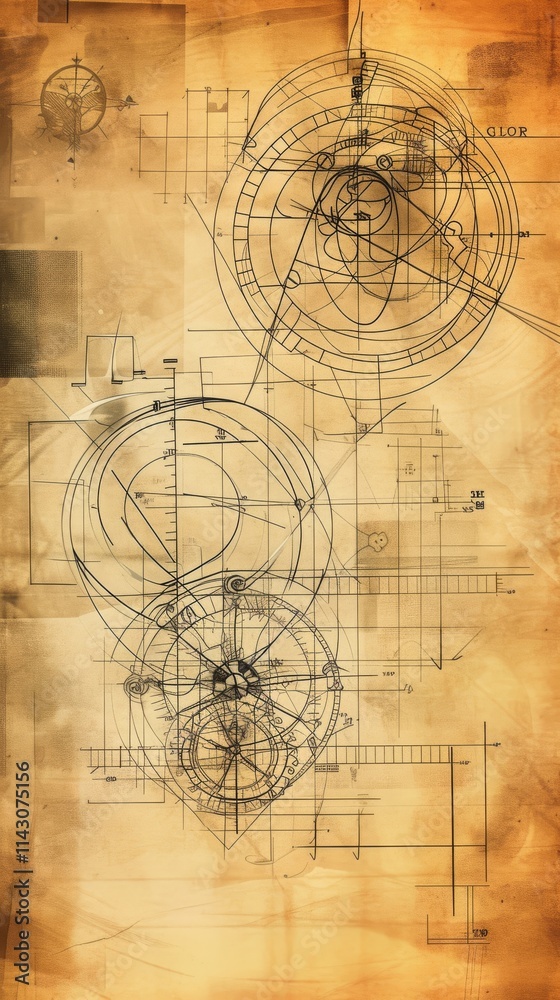 Obraz premium Detailed vintage-style mechanical blueprint featuring interlocking gears, schematics, and technical sketches on a distressed paper background. Perfect for design and engineering themes. AI generated.