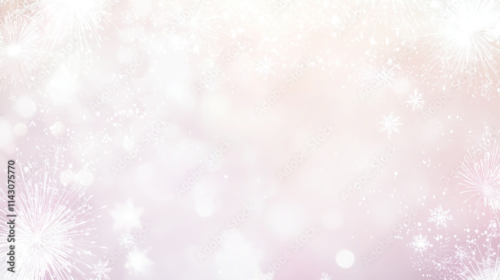 White background with fireworks and glitter, featuring pink tones and a dreamy, soft atmosphere. Focused on fireworks and snowflakes, perfect for festive designs with space for text. White background with fireworks and glitter, featuring pink tones and a dreamy, soft atmosphere. Focused on fireworks and snowflakes, perfect for festive designs with space for text.