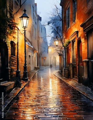 Watercolor street lamp glowing in a rainy alleyway with reflections on wet cobblestones with copy space