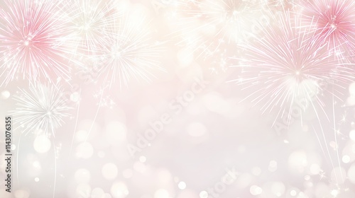 Light pink background with blurred glitter, glowing sparkles, and shimmering effects, featuring festive fireworks. Perfect for New Year banners or greeting cards.