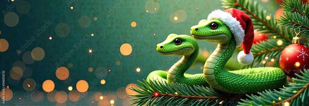 Fototapeta premium Two cheerful green snake figurines with bright eyes, one wearing a Santa hat, are perched on pine branches adorned with red baubles, with a bokeh background of golden lights and teal hues