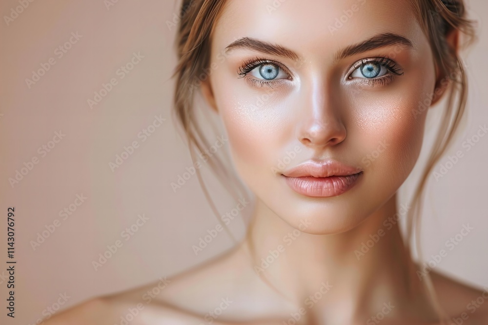 Naklejka premium A young woman with radiant, flawless skin up close against a soft pink backdrop.