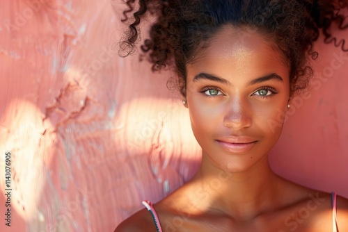 Close-Up Portrait of a Young Woman with Radiant Skin against a Soft Pink Background. photo