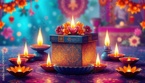 Diwali celebration scene. Decorative gift box with floral decorations and glowing lamps. Warm and vibrant colors. Festive atmosphere. Indian tradition. Cultural celebration. Holiday spirit. photo