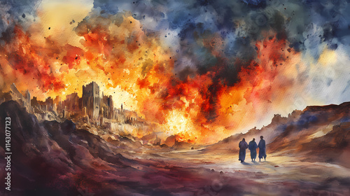 Biblical watercolor illustration of sodom and gomorrah from the old testament. Brimstone. Illustration