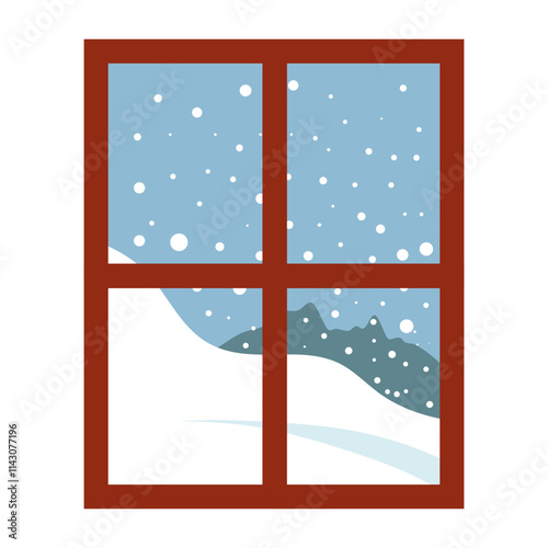 Window overlooking the winter landscape. Cartoon flat style. Vector illustration.