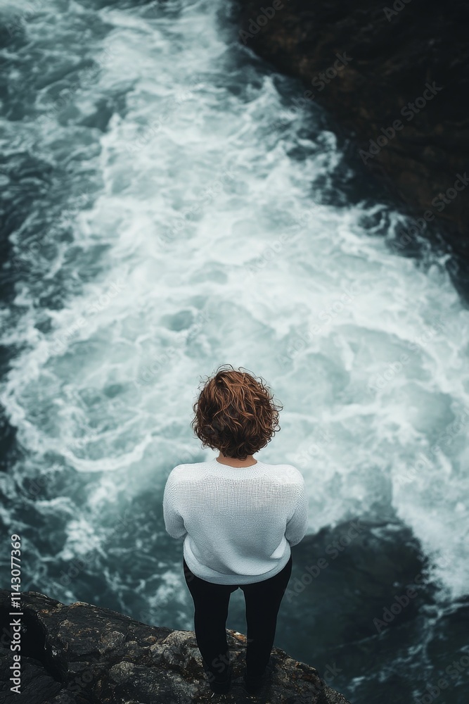 Fototapeta premium Person overlooks turbulent water, rocky cliff edge.