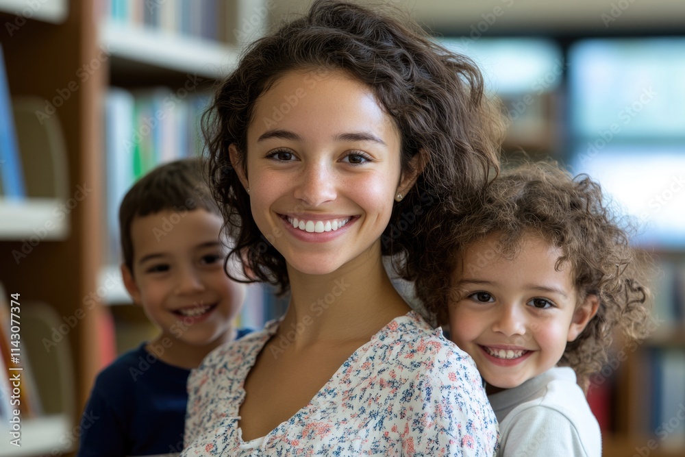 Joyful Mixed-Race Educator in Casual Attire Engaging with Smiling Children in an Elementary Library Setting Joyful Mixed-Race Educator in Casual Attire Engaging with Smiling Children in an Elementary Library Setting