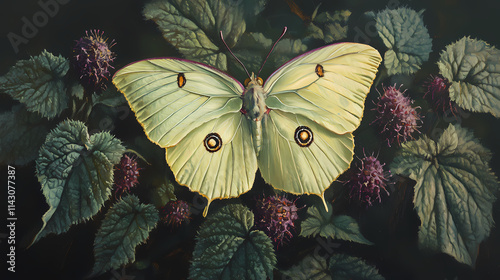 Brimstone butterfly with dead nettle flowers in oil painting. Brimstone. Illustration photo