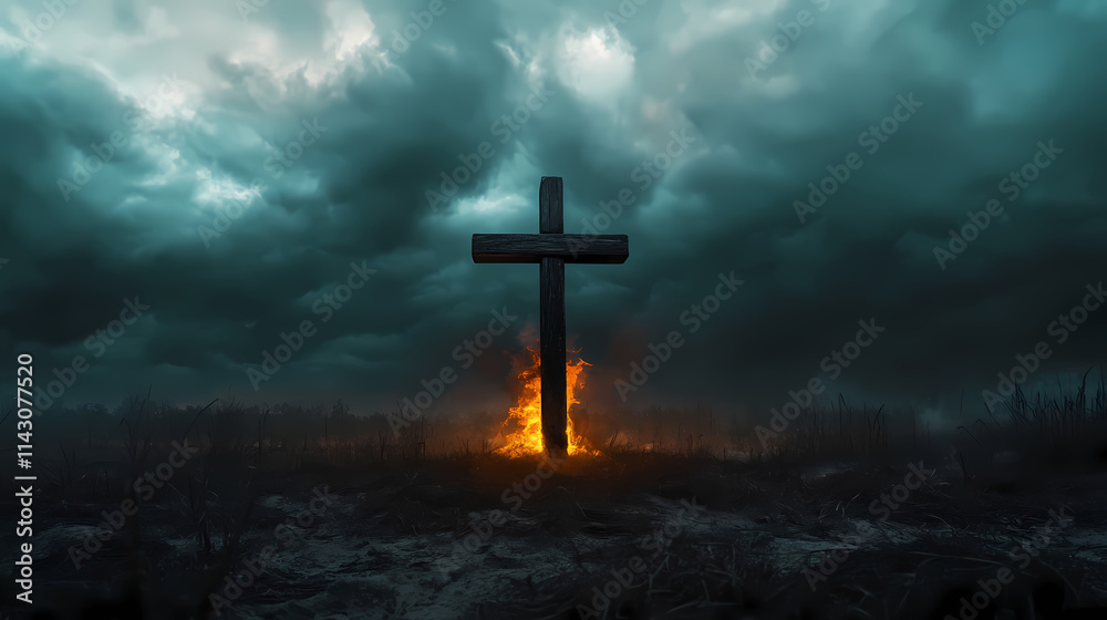 Burning wooden cross standing alone in open field, with dark clouds rolling in overhead, holy, brooding, consecration, judgement. Brimstone. Illustration Burning wooden cross standing alone in open field, with dark clouds rolling in overhead, holy, brooding, consecration, judgement. Brimstone. Illustration