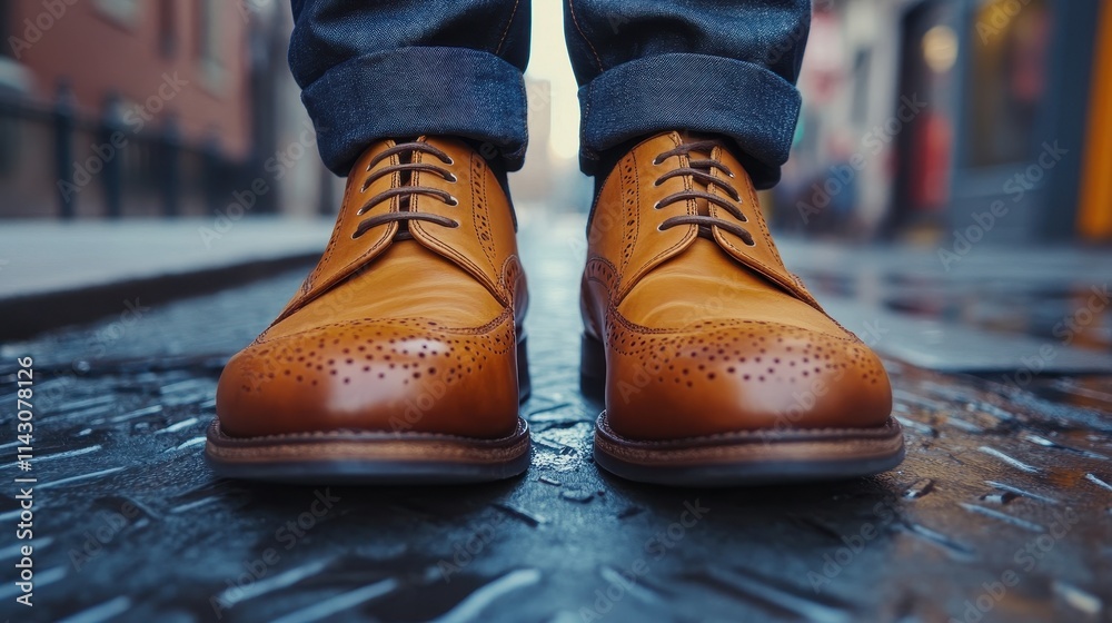 Close-up of a man's shoes on an urban sidewalk, emphasizing footwear as an essential fashion statement Close-up of a man's shoes on an urban sidewalk, emphasizing footwear as an essential fashion statement