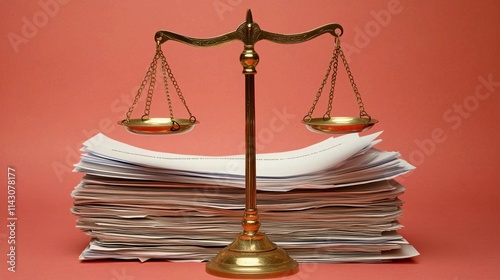 a justice scale sitting on a small stack of documents on a solid color background, adhering to rules law regulation policy, business legal compliance concept photo