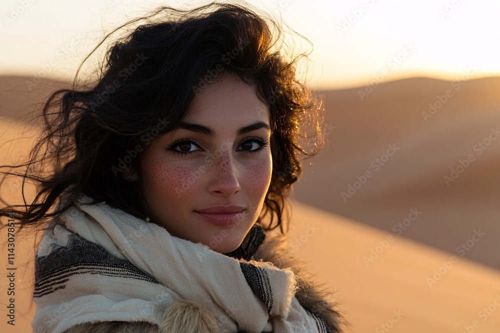 A Middle-Eastern woman, 35 years old, fur jacket, freckles glowing under sunrise light, walking through desert dunes, soft and elegant vibe, sharp focus 1 A Middle-Eastern woman, 35 years old, fur jacket, freckles glowing under sunrise light, walking through desert dunes, soft and elegant vibe, sharp focus 1