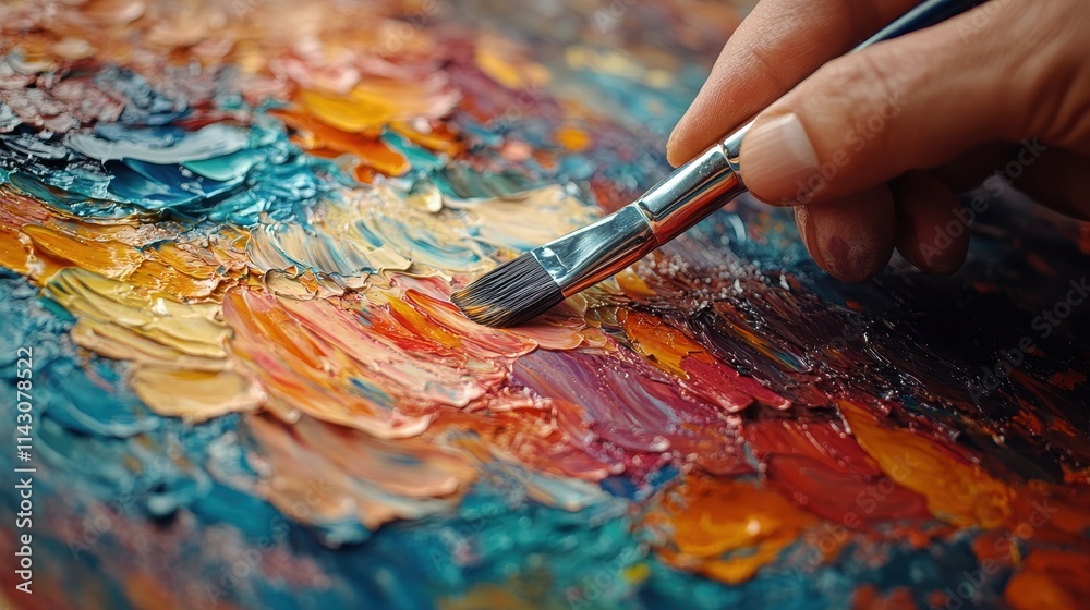 Obraz premium Close-up of a painter applying the final brush strokes to a vibrant canvas, showcasing artistic completion
