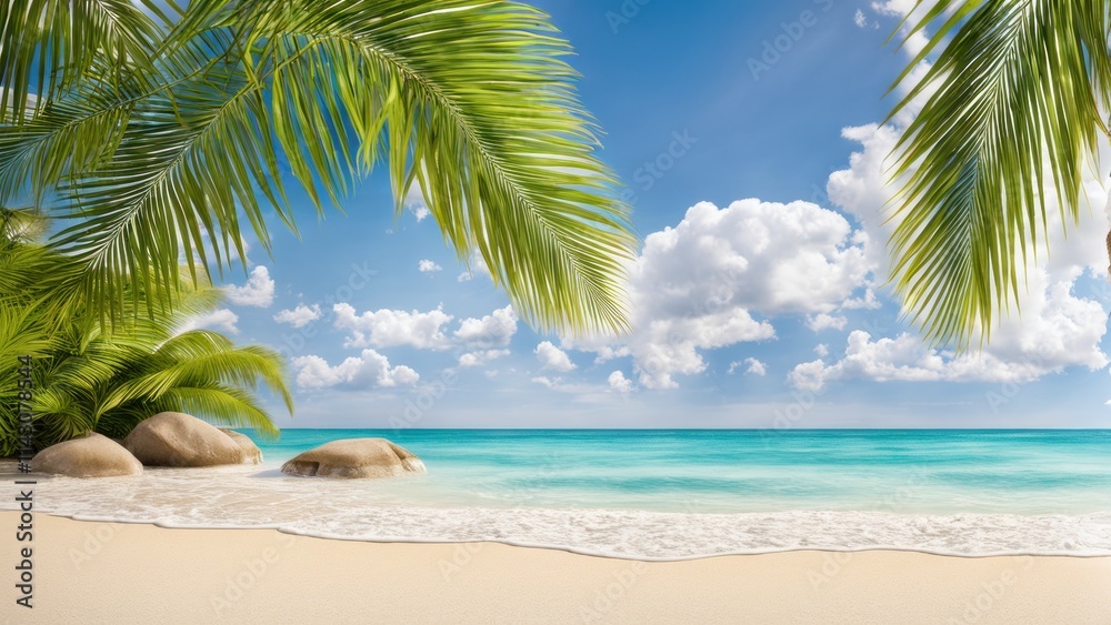Fototapeta premium A tropical beach paradise with palm leaves. Bright sun, seashore and Tall palm trees. A summer background with a place for text.