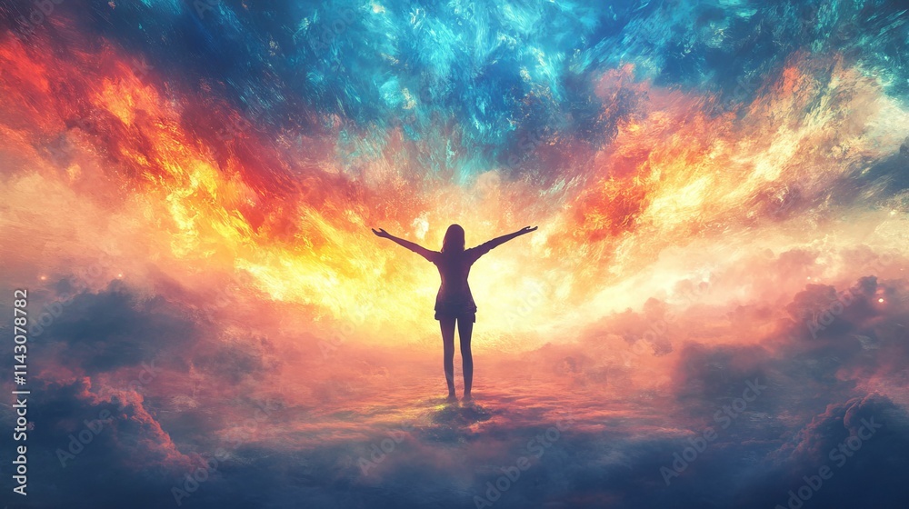 Silhouette embraces fiery, celestial cloudscape. Silhouette embraces fiery, celestial cloudscape.