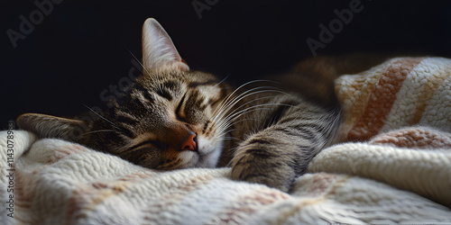 Adorable Cat Sleeping Comfortably in Blanket photo