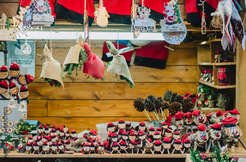 Traditional Christmas market stall with caga tio figures and festive crafts