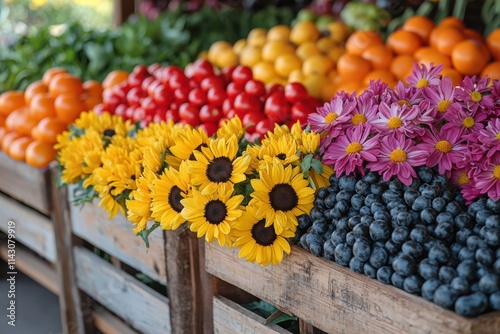 Vibrant farmer's market display featuring fresh produce and colorful flowers in a sunny outdoor setting. Generative AI photo