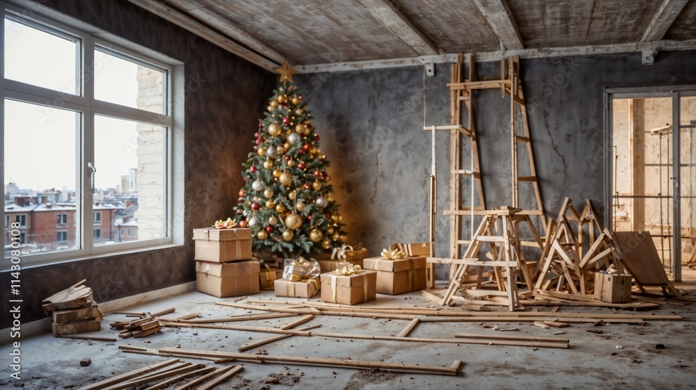 Merry Christmas and New year 2025. the concept of construction and renovation of apartments, houses. Place for the text Merry Christmas and New year 2025. the concept of construction and renovation of apartments, houses. Place for the text