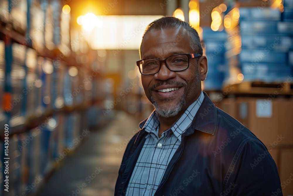 A Happy Businessman with Glasses Reviewing Inventory in a Warehouse Office Setting A Happy Businessman with Glasses Reviewing Inventory in a Warehouse Office Setting