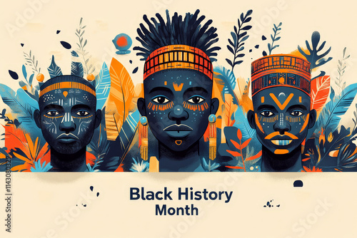 Artistic representation of three figures with tribal patterns honoring Black History Month. photo