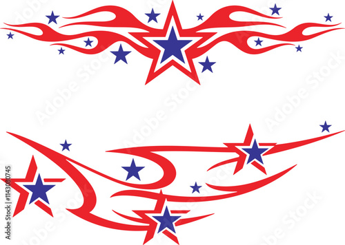 Vector Flames and Stars vehicle decal designs in American-inspired style. Ready-to-cut graphics, great for car and sport vehicle wraps, celebration and holiday designs in national colors.