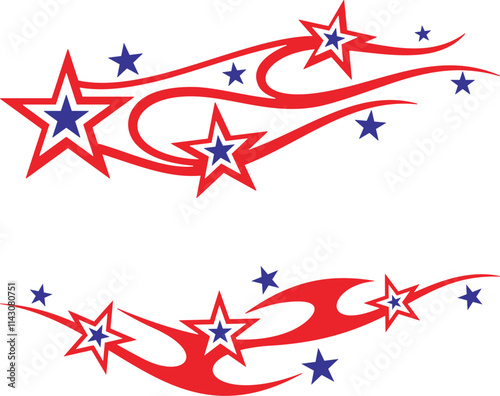 Vector Flames and Stars vehicle decal designs in American-inspired style. Ready-to-cut graphics, great for car and sport vehicle wraps, celebration and holiday designs in national colors.