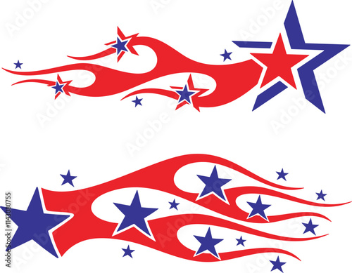 Vector Flames and Stars vehicle decal designs in American-inspired style. Ready-to-cut graphics, great for car and sport vehicle wraps, celebration and holiday designs in national colors.