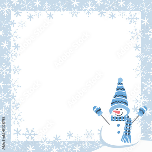 Winter Frame with Snowflakes, Cute Snowman in Winter Clothes. Beautiful Square Holiday Background. Christmas Greeting Card Template. Free Space for Your Text. Vector Illustration in Blue, White