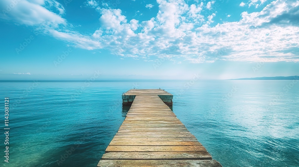 Obraz premium Wooden pier extending into serene blue sea under cloudy sky