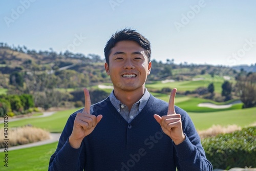 Confident American man with short black hair, navy cardigan, showing middle fingers to camera in front of green hills and sunny country club setting 3 photo