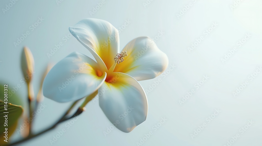 A tropical plumeria flower with white and yellow tones on white background A tropical plumeria flower with white and yellow tones on white background