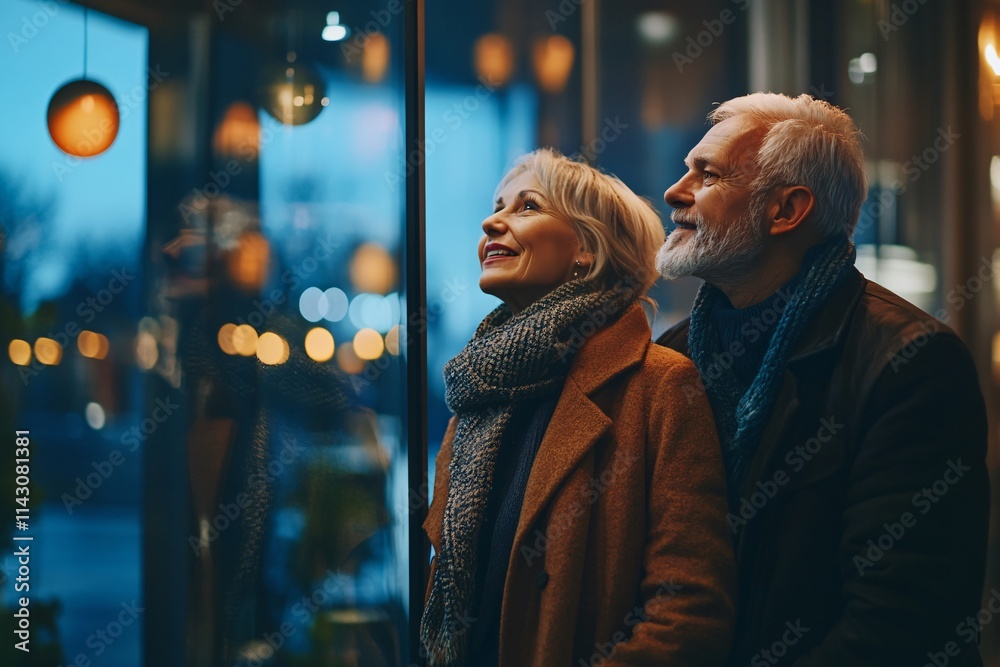 Fototapeta premium An elderly couple dressed elegantly, looking at premium real estate advertisements on a modern agency's glass window at dusk 7