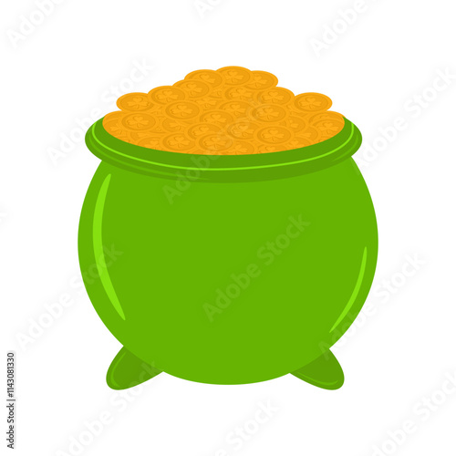Green iron cauldron filled with gold coins isolated on white background. St. Patrick's Day element pot of money in colorful cartoon style. Concept of fortune lucky and magic. Vector illustration