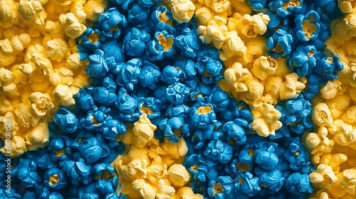 Blue and yellow popcorn kernels create a vibrant display