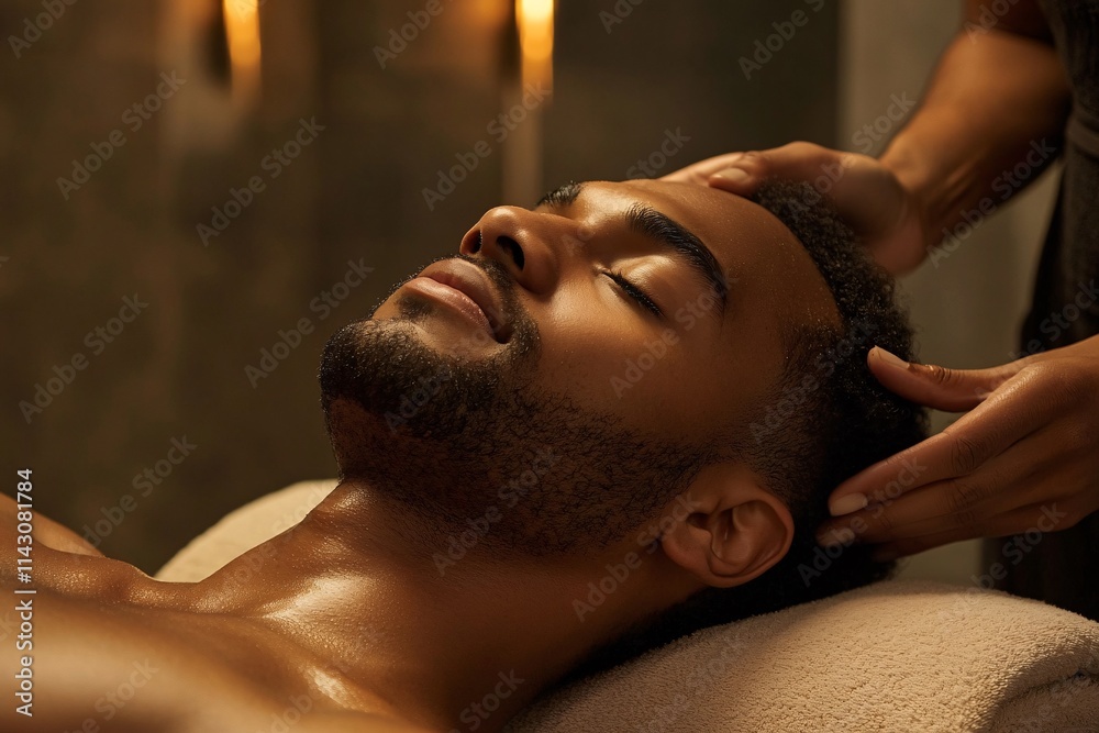 A young Black man with a relaxed expression, lying on a massage table, receiving a facial massage under warm ambient lighting in a modern spa 6 A young Black man with a relaxed expression, lying on a massage table, receiving a facial massage under warm ambient lighting in a modern spa 6