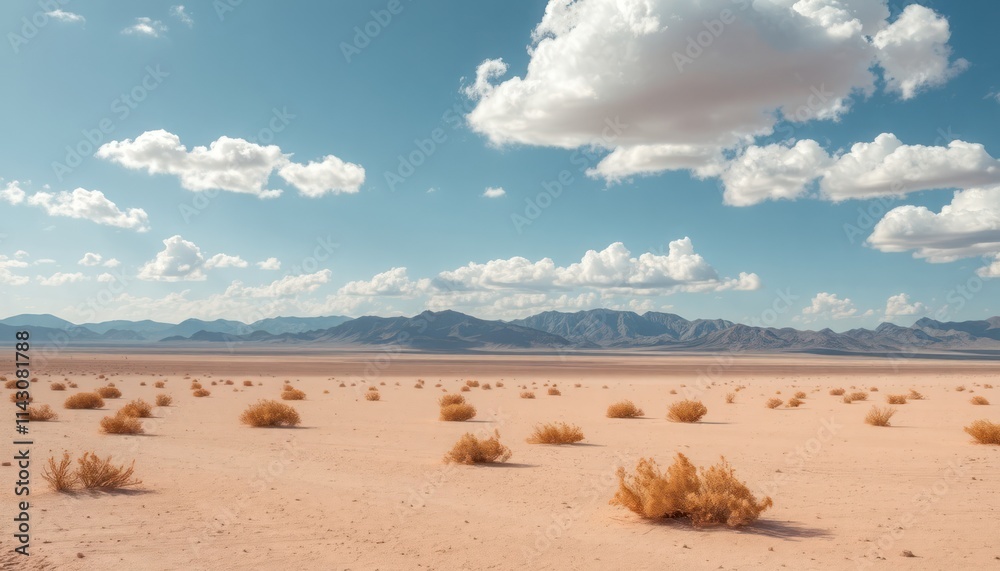 Naklejka premium Vast arid plain stretches to distant mountains under partly cloudy sky. Scattered shrubs dot landscape. Sunny day. Quiet contemplation, timeless beauty of deserted place. Perfect for travelers,