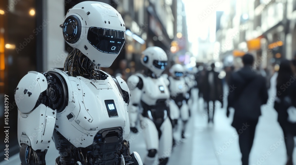 Robots marching in a futuristic city street Robots marching in a futuristic city street